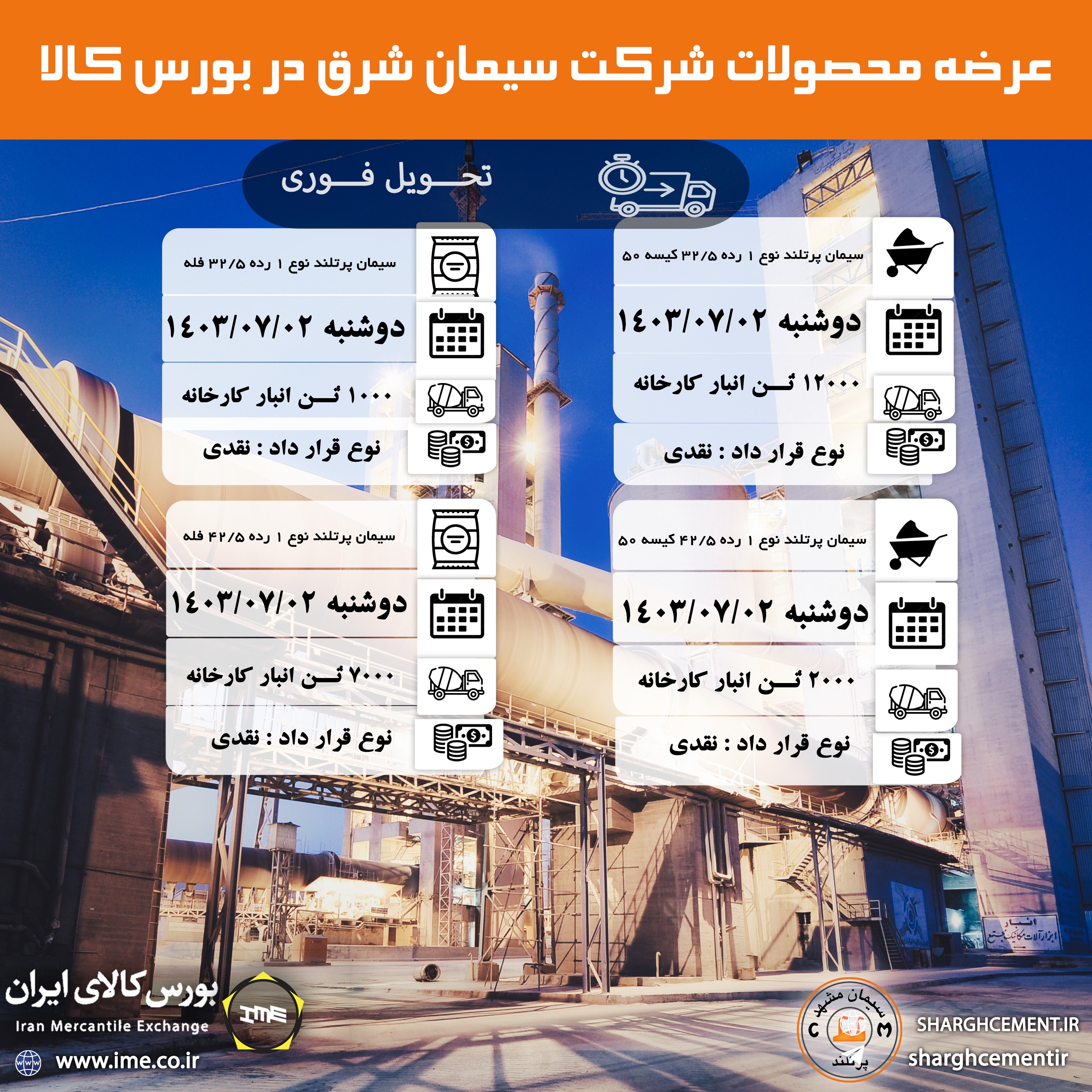 عرضه محصولات سیمان شرق در بورس کالا در هفته اول مهر 1403